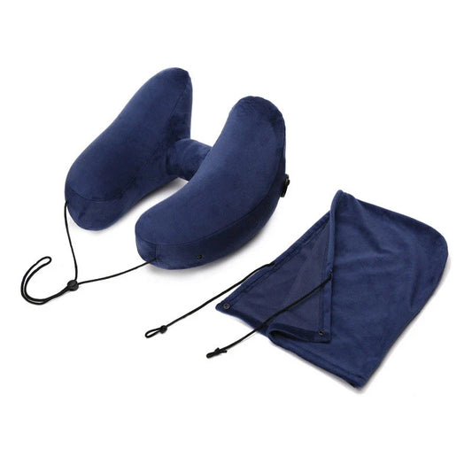 Hooded Inflatable Travel Neck Pillow for Airplanes & Road Trips