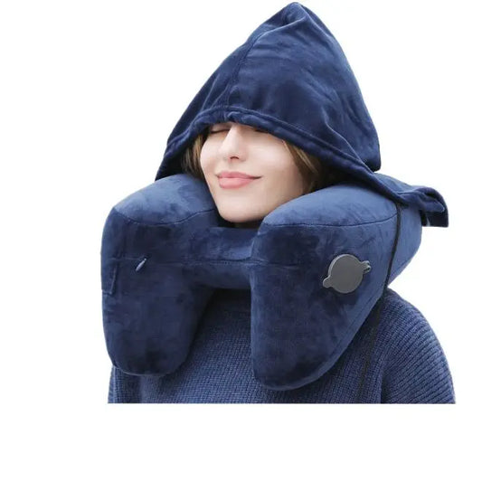 Hooded Inflatable Travel Neck Pillow for Airplanes & Road Trips
